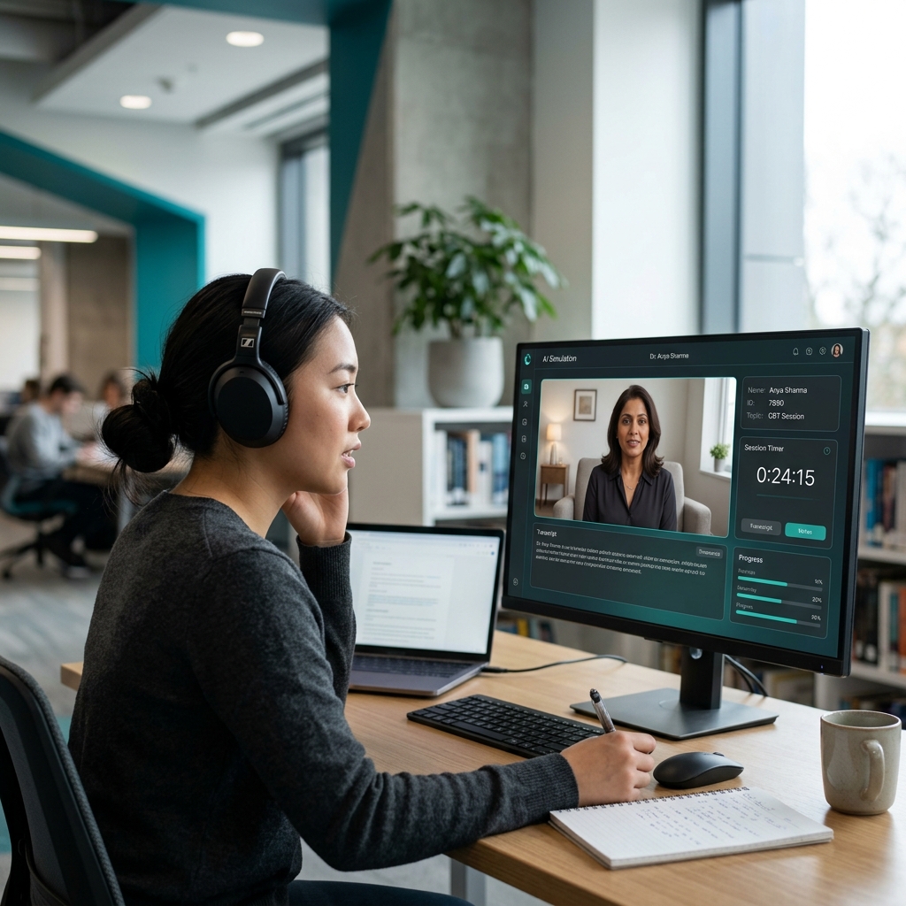 Psychology student using AI simulation platform with virtual patient on screen