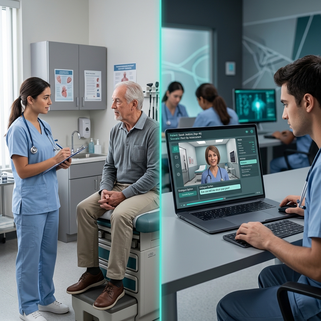 Side-by-side comparison of traditional standardised patient session and AI simulation