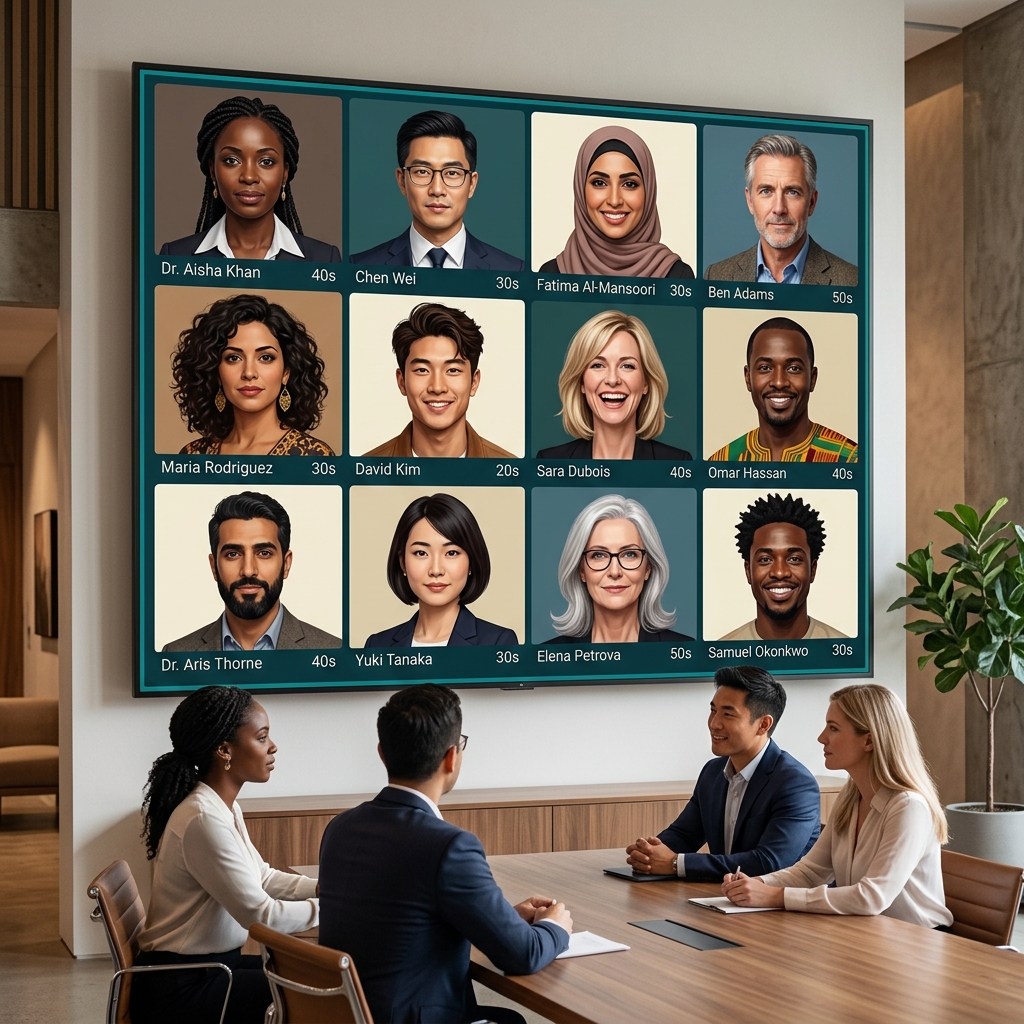 Diverse AI client avatar profiles displayed on screen for cultural competency training