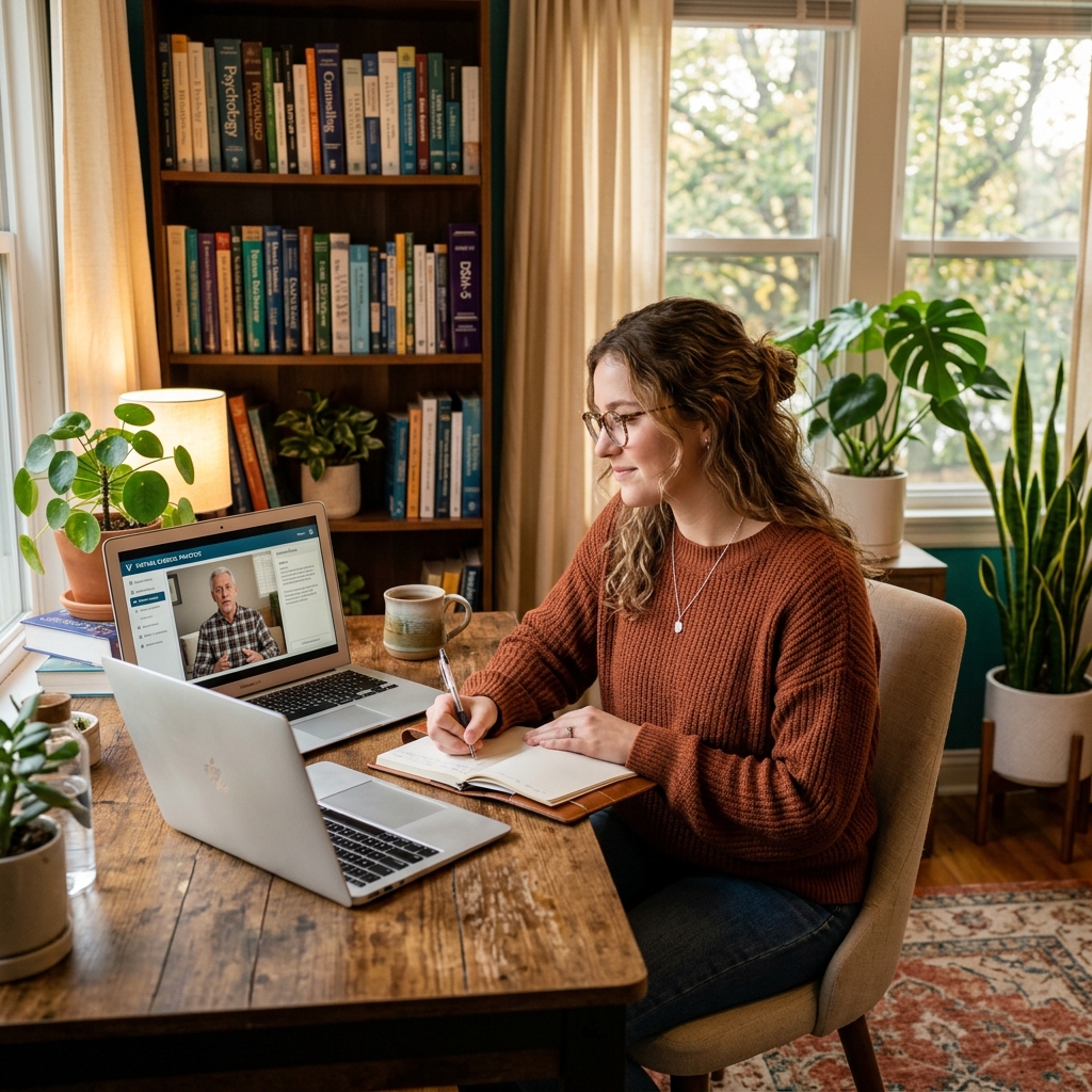 Counselling student practising with simulated patient on laptop in home office